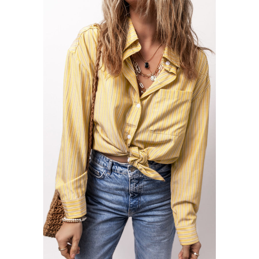 Striped Button Up Long Sleeve Shirt Pastel Yellow / S Apparel and Accessories