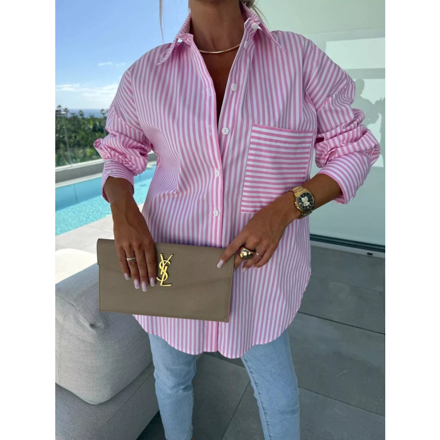 Striped Button Up Long Sleeve Shirt Pink / S Apparel and Accessories