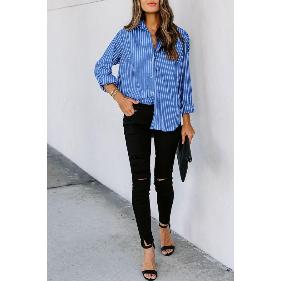 Striped Button Up Long Sleeve Shirt Royal Blue / S Apparel and Accessories