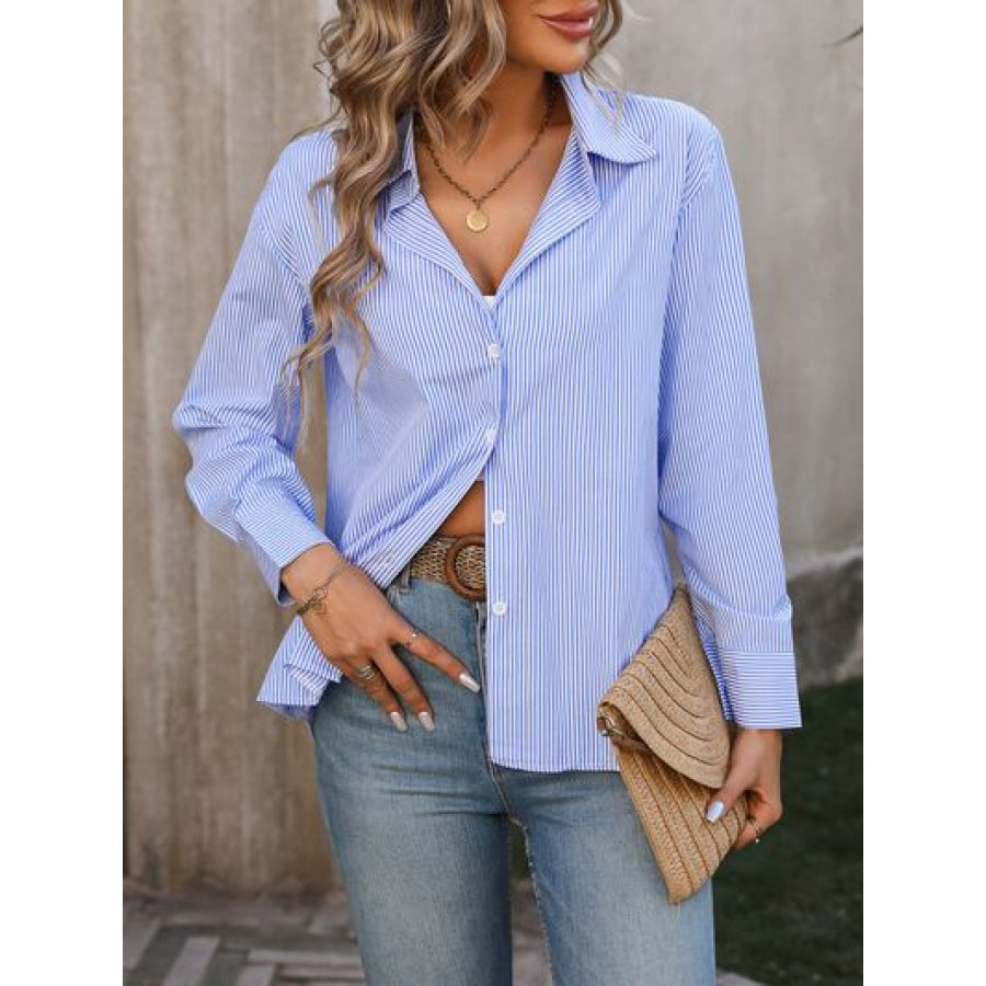 Striped Button Up Long Sleeve Shirt Royal Blue / S Apparel and Accessories