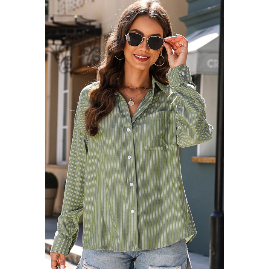 Striped Button Up Long Sleeve Shirt Sage / S Apparel and Accessories