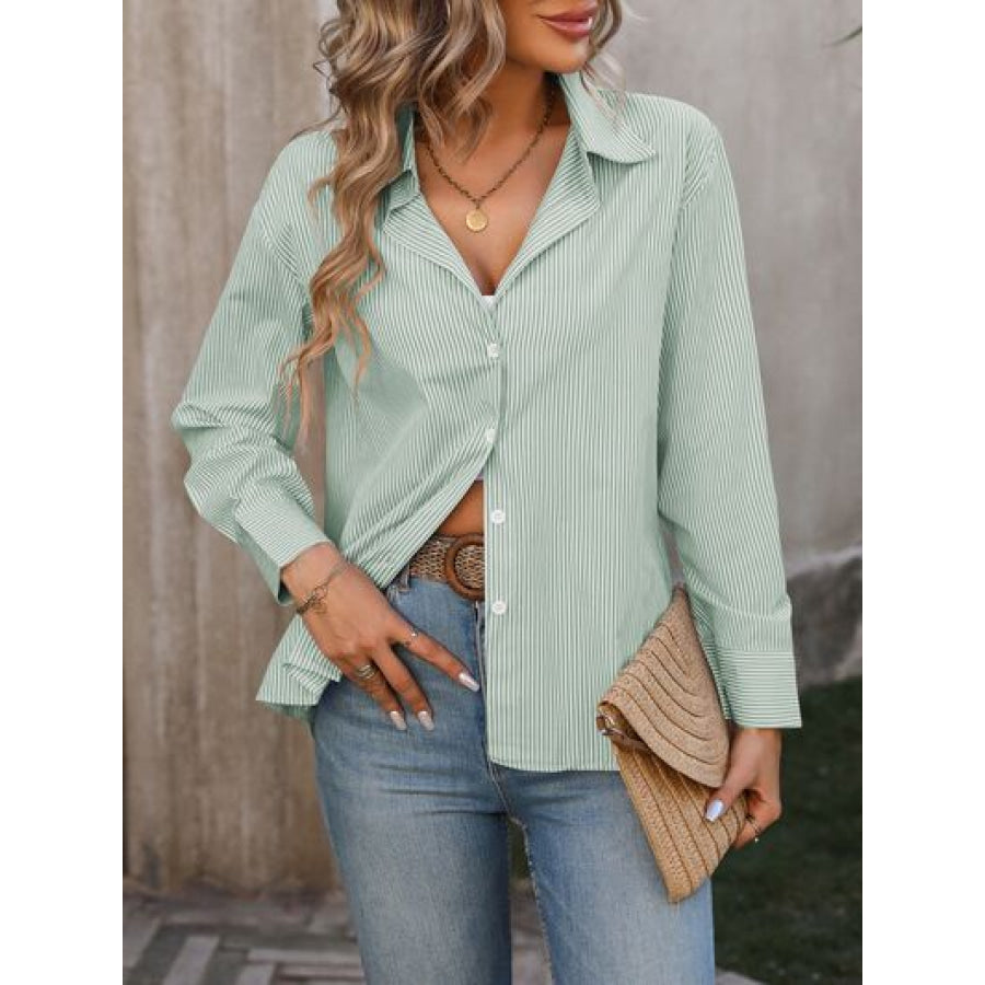 Striped Button Up Long Sleeve Shirt Sage / S Apparel and Accessories