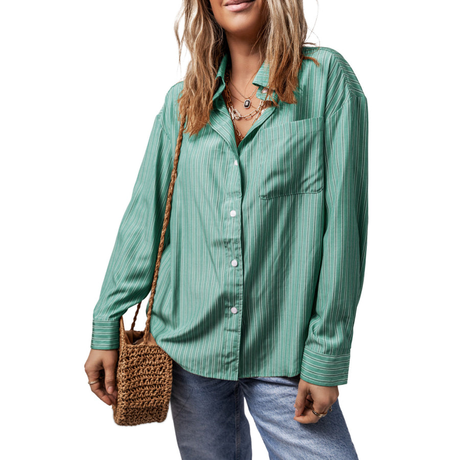 Striped Button Up Long Sleeve Shirt Turquoise / S Apparel and Accessories