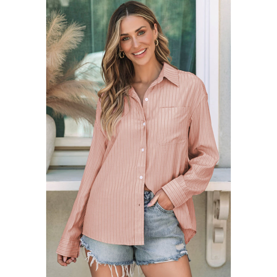 Striped Button Up Long Sleeve Shirt Watermelon pink / S Apparel and Accessories