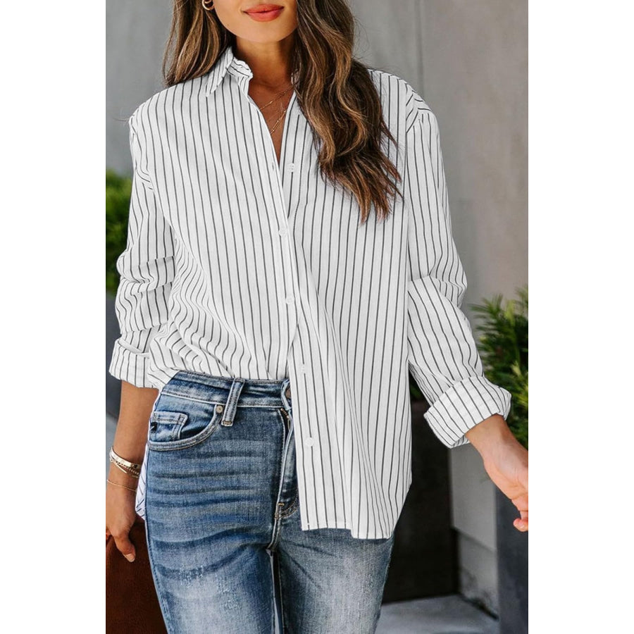 Striped Button Up Long Sleeve Shirt White / S Apparel and Accessories