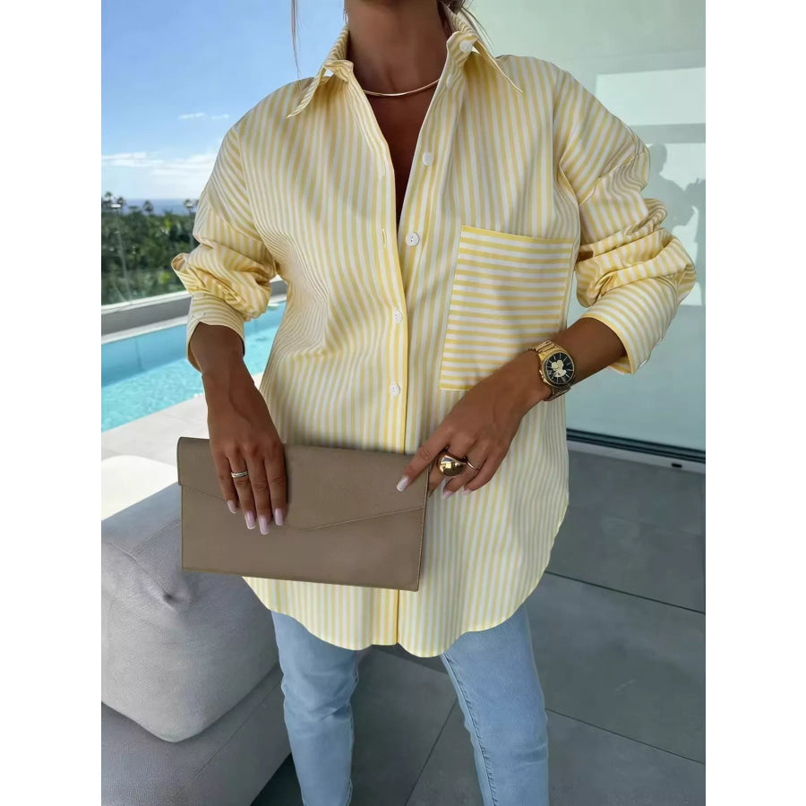 Striped Button Up Long Sleeve Shirt Yellow / S Apparel and Accessories