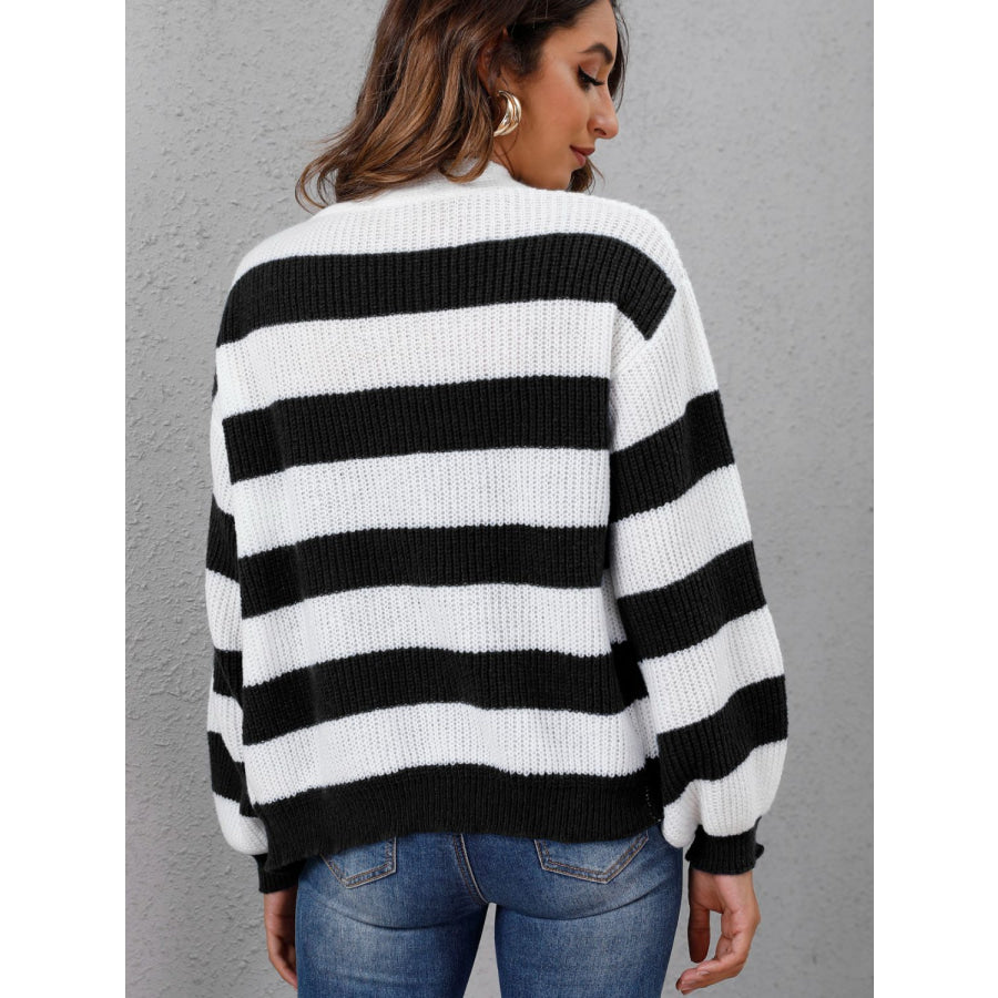 Striped Button Up Long Sleeve Sweater Black / S Apparel and Accessories