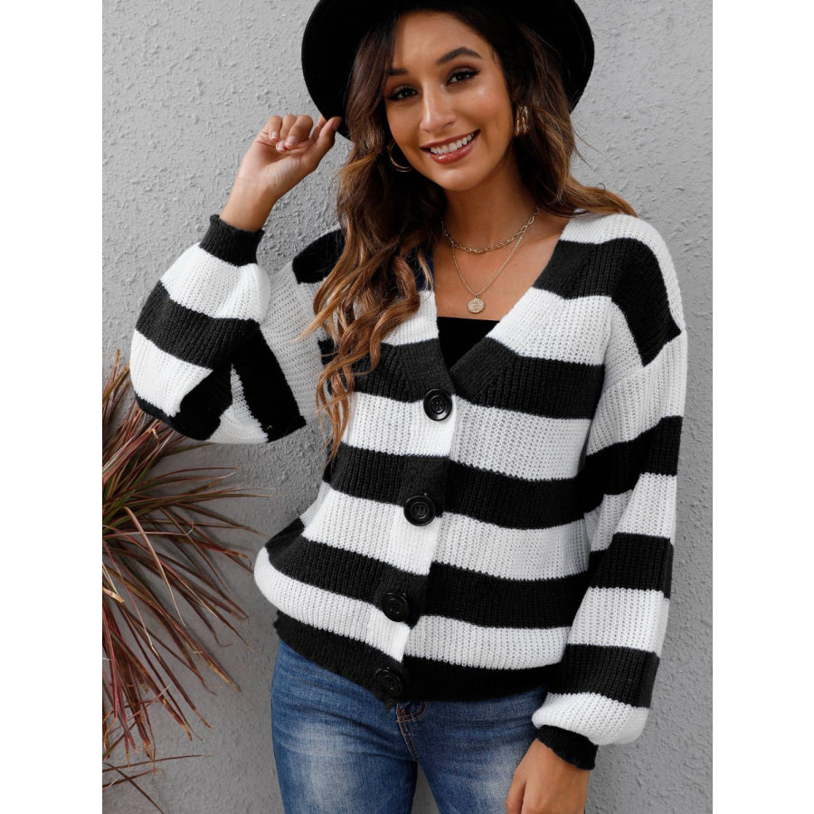 Striped Button Up Long Sleeve Sweater Black / S Apparel and Accessories