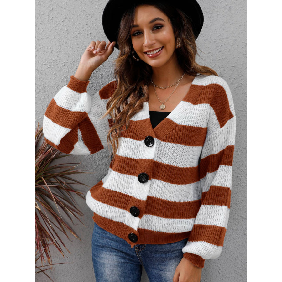 Striped Button Up Long Sleeve Sweater Dark Brown / S Apparel and Accessories