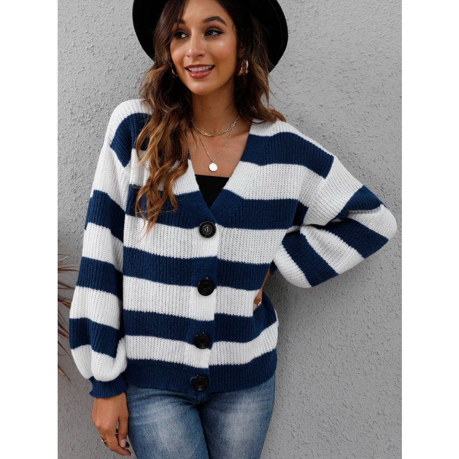 Striped Button Up Long Sleeve Sweater Dark Navy / S Apparel and Accessories