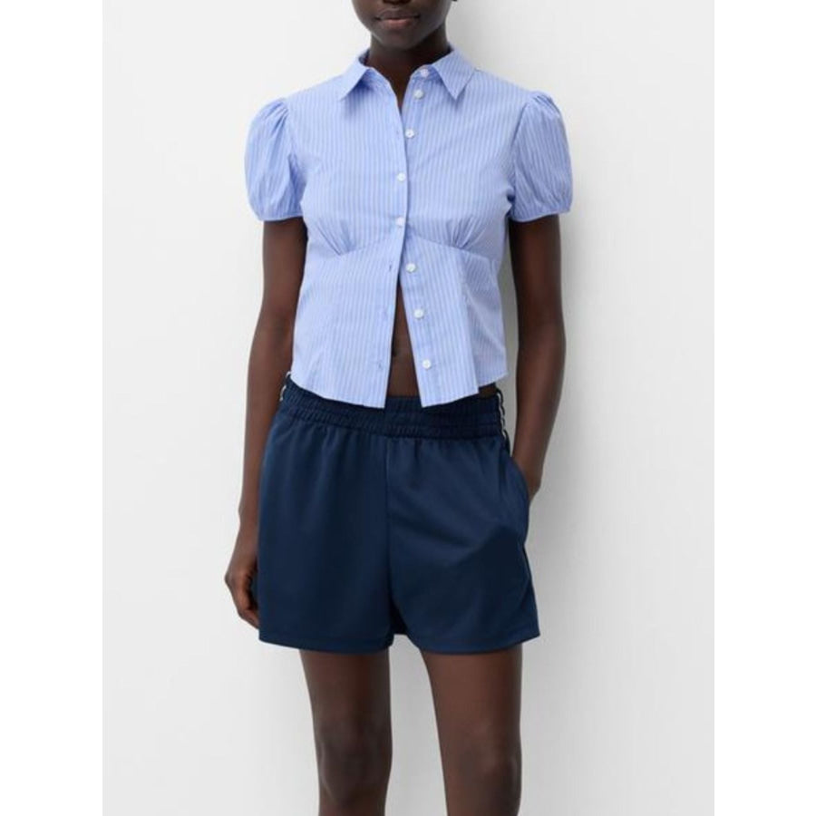 Striped Button Up Puff Sleeve Shirt Apparel and Accessories