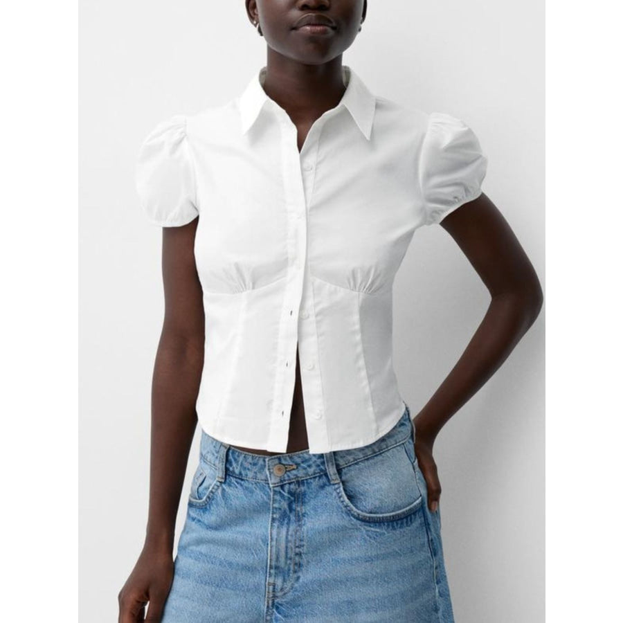 Striped Button Up Puff Sleeve Shirt White / S Apparel and Accessories