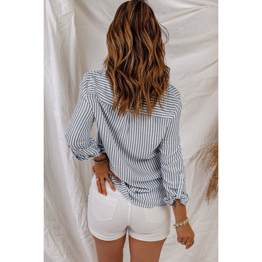 Striped Button-Up Roll-Tab Sleeve Shirt