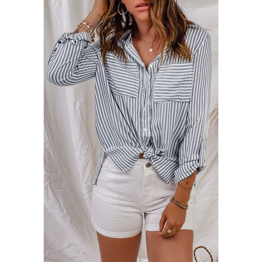 Striped Button-Up Roll-Tab Sleeve Shirt