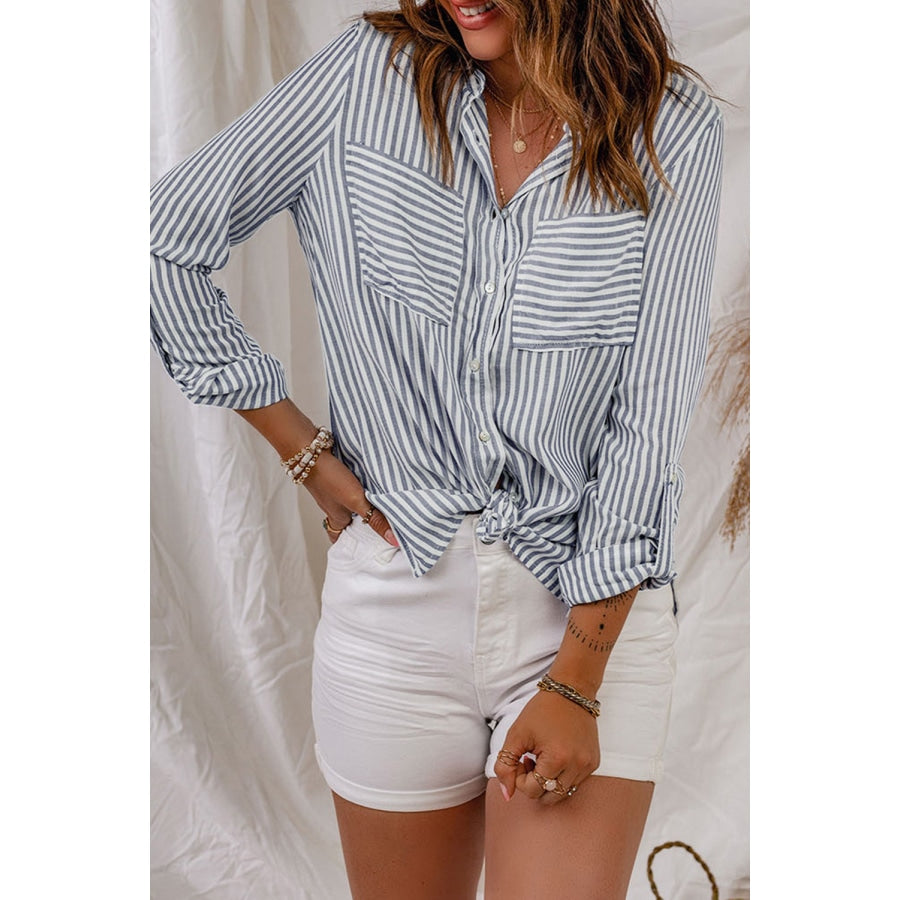 Striped Button-Up Roll-Tab Sleeve Shirt