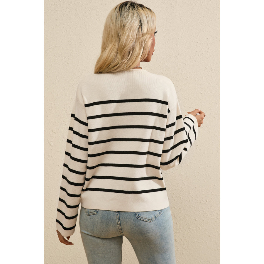 Striped Button Up Round Neck Cardigan Apparel and Accessories