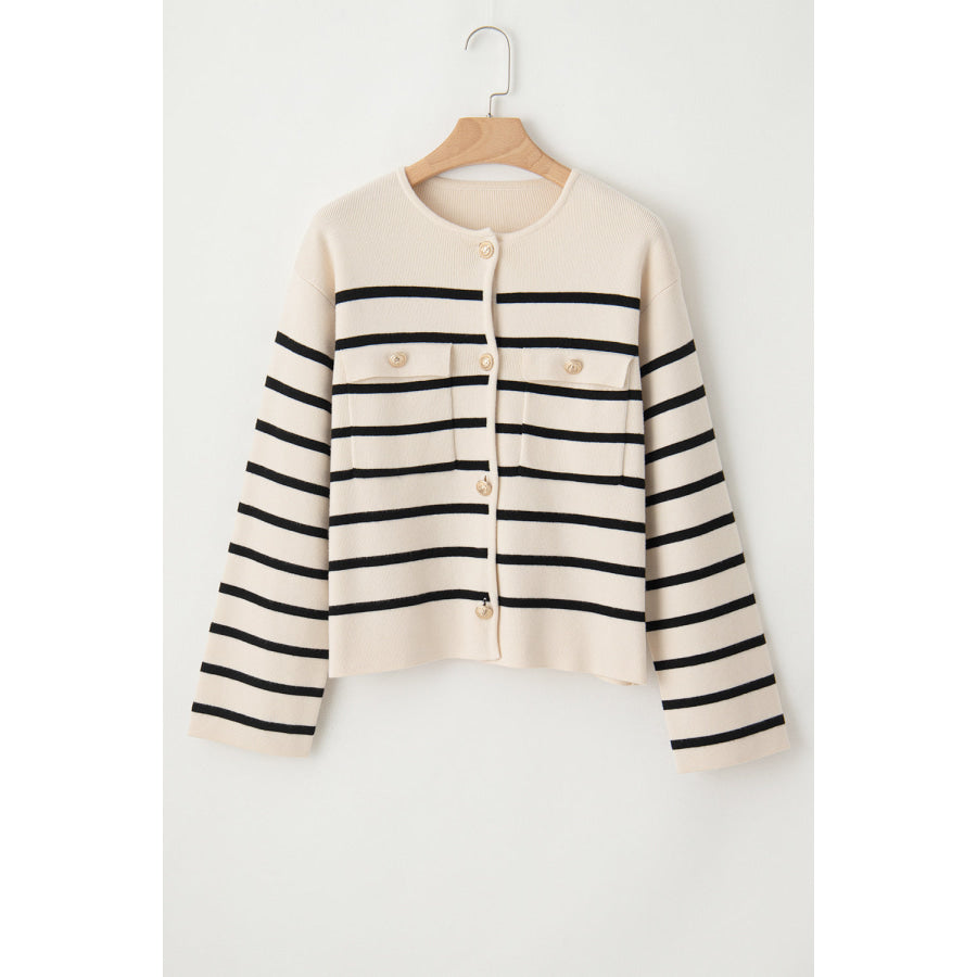 Striped Button Up Round Neck Cardigan Apparel and Accessories