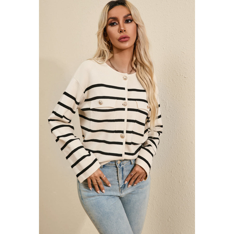 Striped Button Up Round Neck Cardigan Beige / S Apparel and Accessories