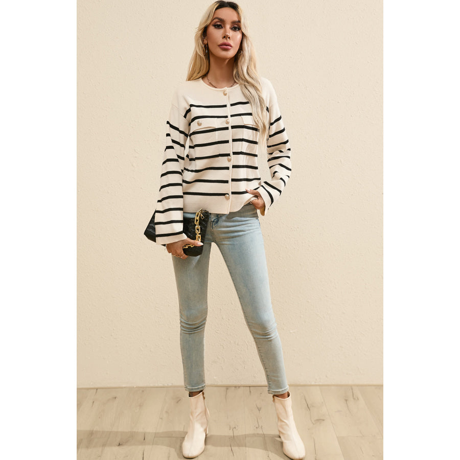 Striped Button Up Round Neck Cardigan Apparel and Accessories