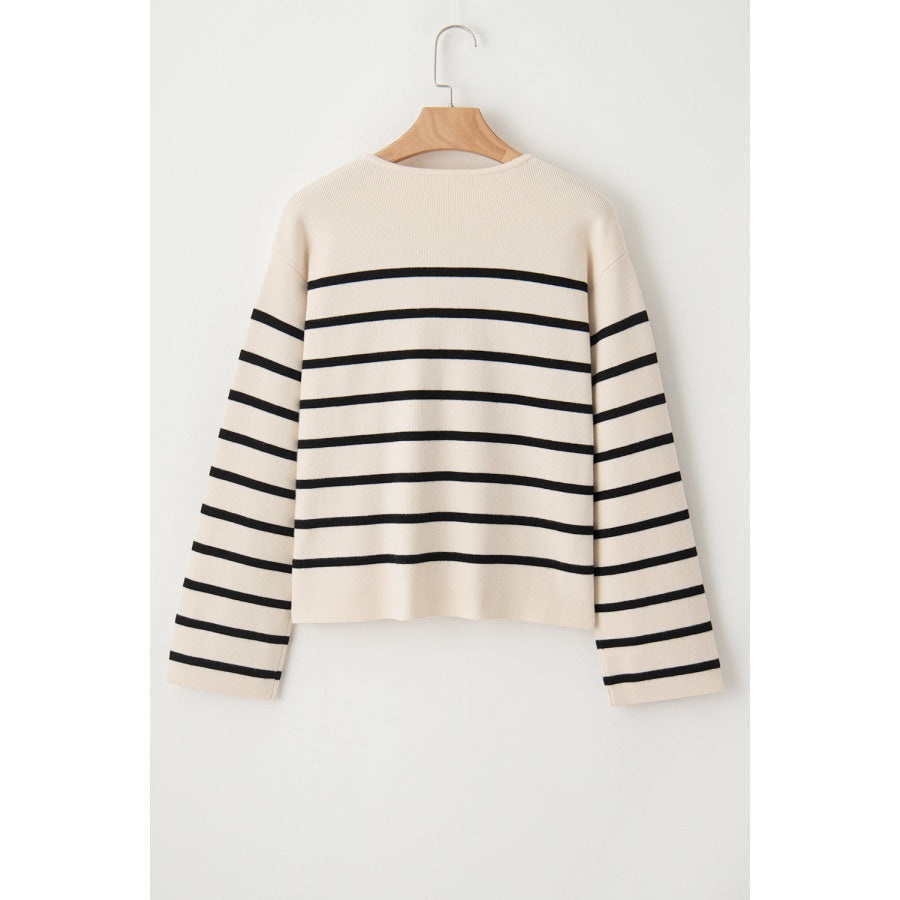 Striped Button Up Round Neck Cardigan Apparel and Accessories