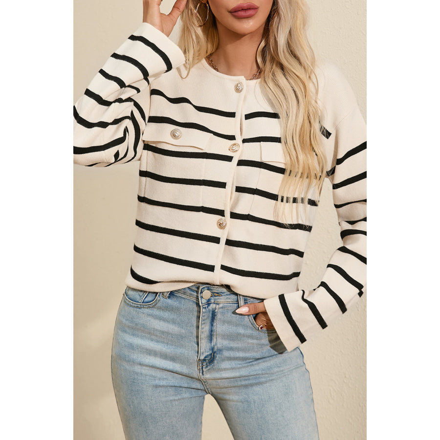 Striped Button Up Round Neck Cardigan Beige / S Apparel and Accessories