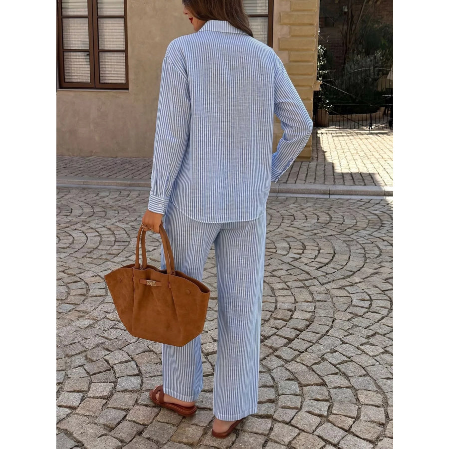 Striped Button Up Shirt and Pants Set Apparel and Accessories