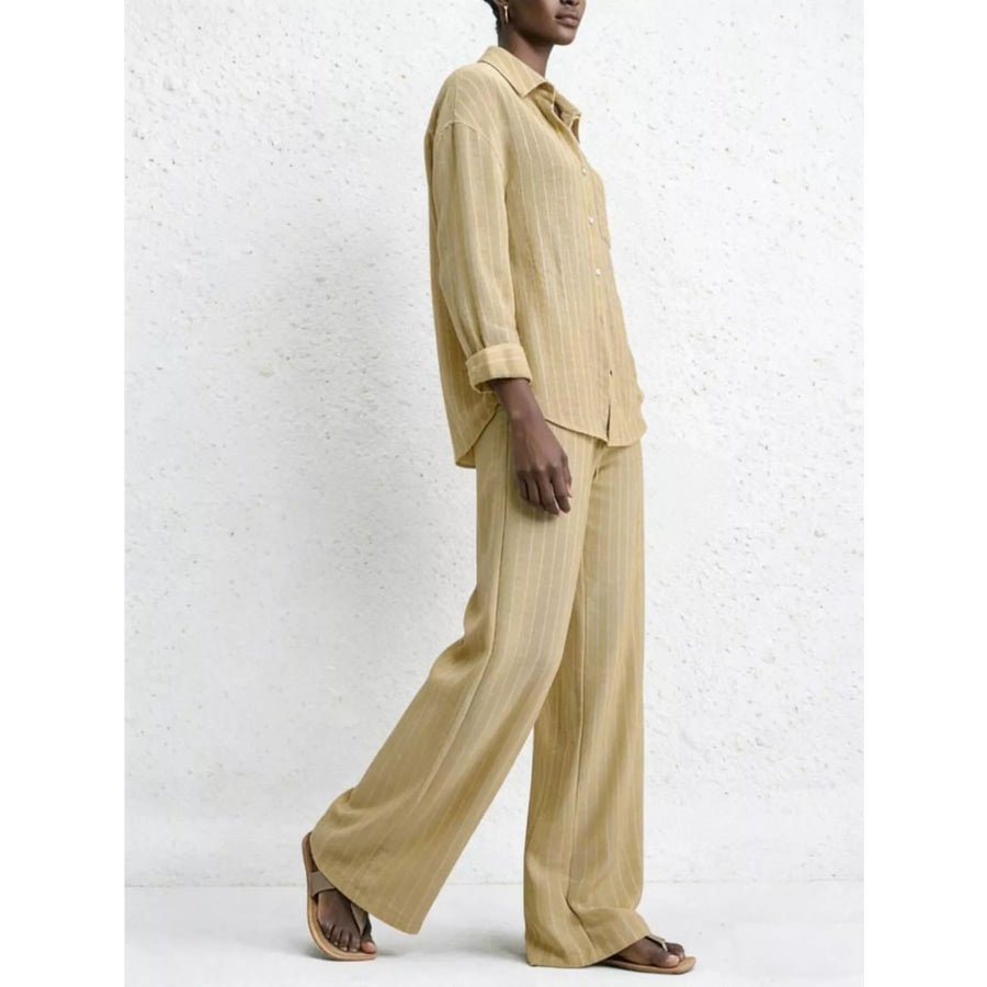 Striped Button Up Shirt and Pants Set Pastel Yellow / XS Apparel and Accessories