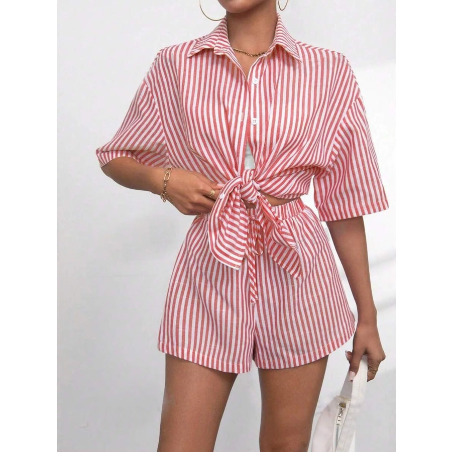 Striped Button Up Shirt and Shorts Casual Set Apparel Accessories