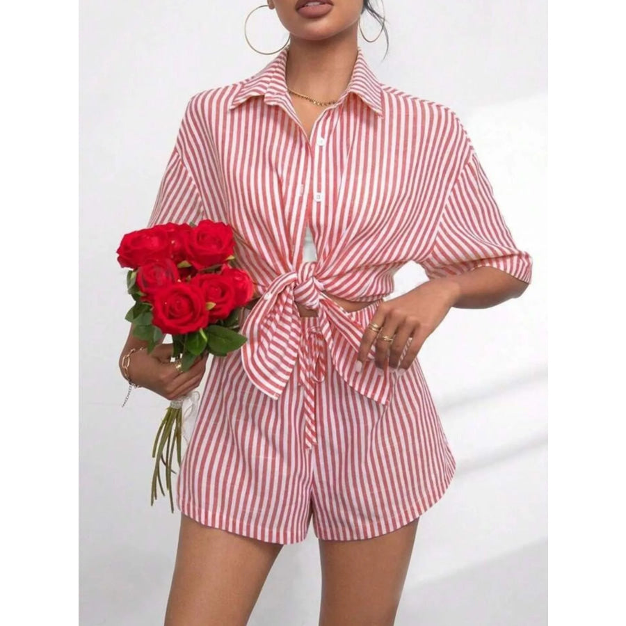 Striped Button Up Shirt and Shorts Casual Set Apparel Accessories