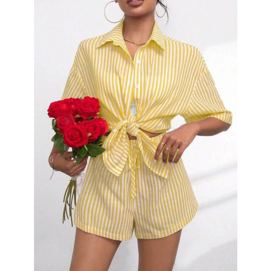 Striped Button Up Shirt and Shorts Casual Set Apparel Accessories
