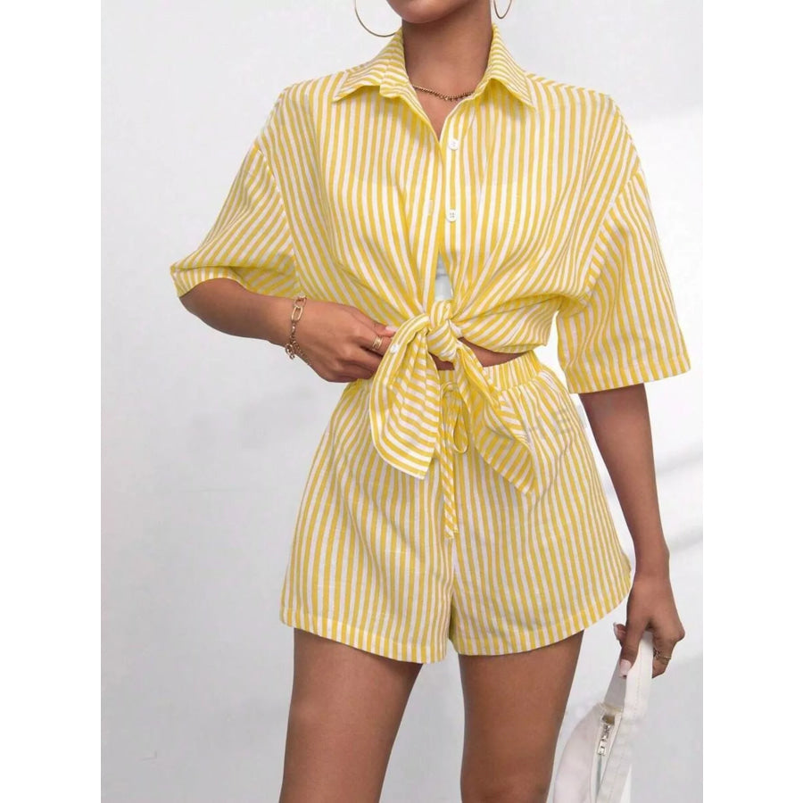 Striped Button Up Shirt and Shorts Casual Set Apparel Accessories