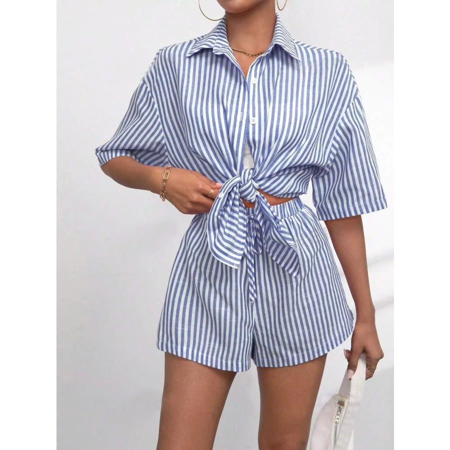 Striped Button Up Shirt and Shorts Casual Set Apparel Accessories