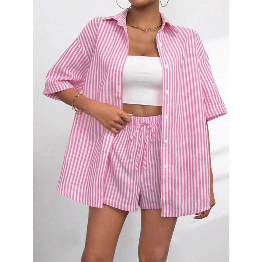 Striped Button Up Shirt and Shorts Casual Set Dusty Pink / S Apparel Accessories