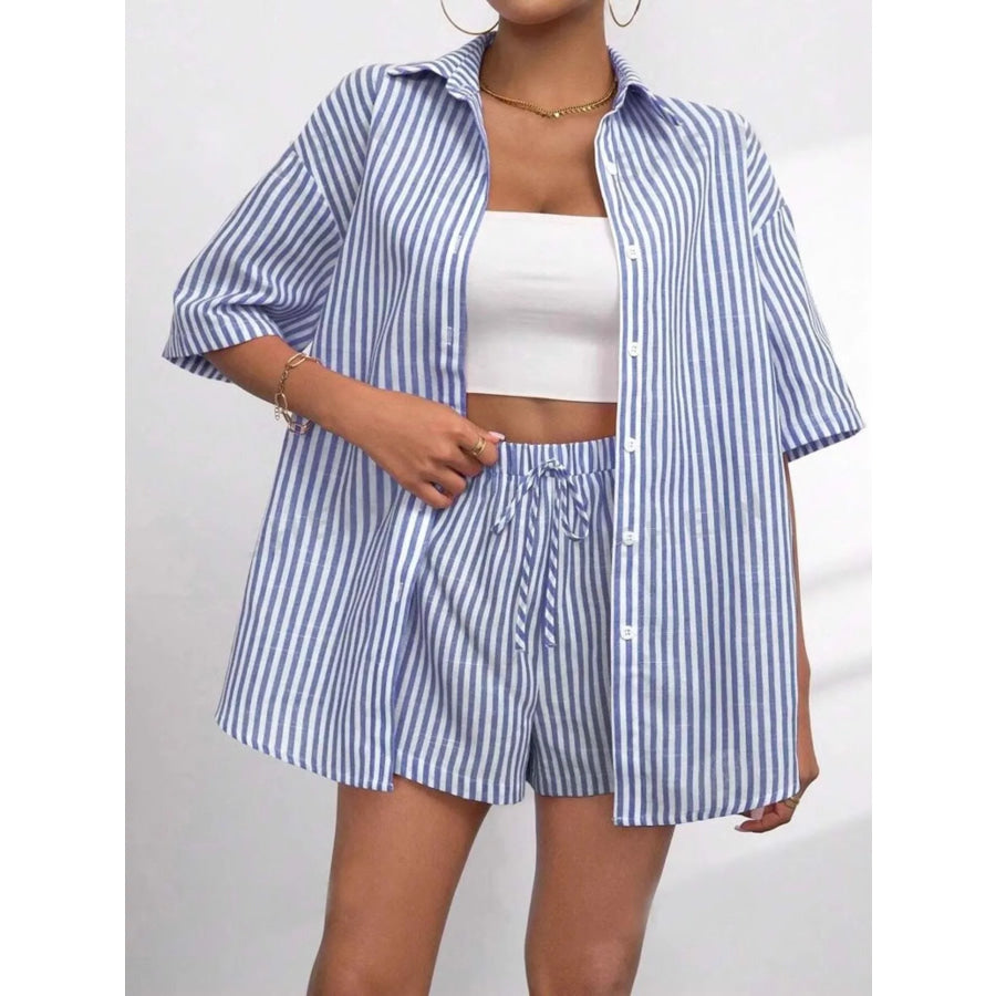 Striped Button Up Shirt and Shorts Casual Set Light Blue / S Apparel Accessories