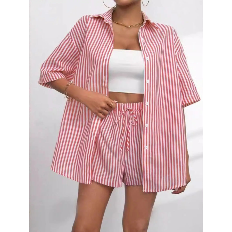 Striped Button Up Shirt and Shorts Casual Set Scarlet / S Apparel Accessories