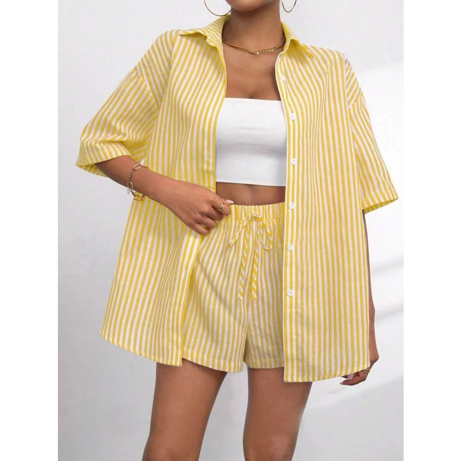 Striped Button Up Shirt and Shorts Casual Set Yellow / S Apparel Accessories