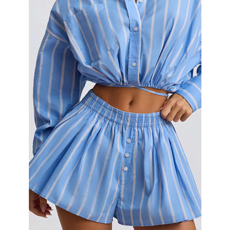 Striped Button Up Shirt and Shorts Set Apparel Accessories