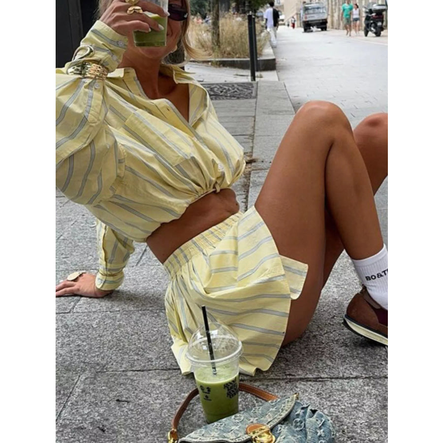 Striped Button Up Shirt and Shorts Set Apparel Accessories