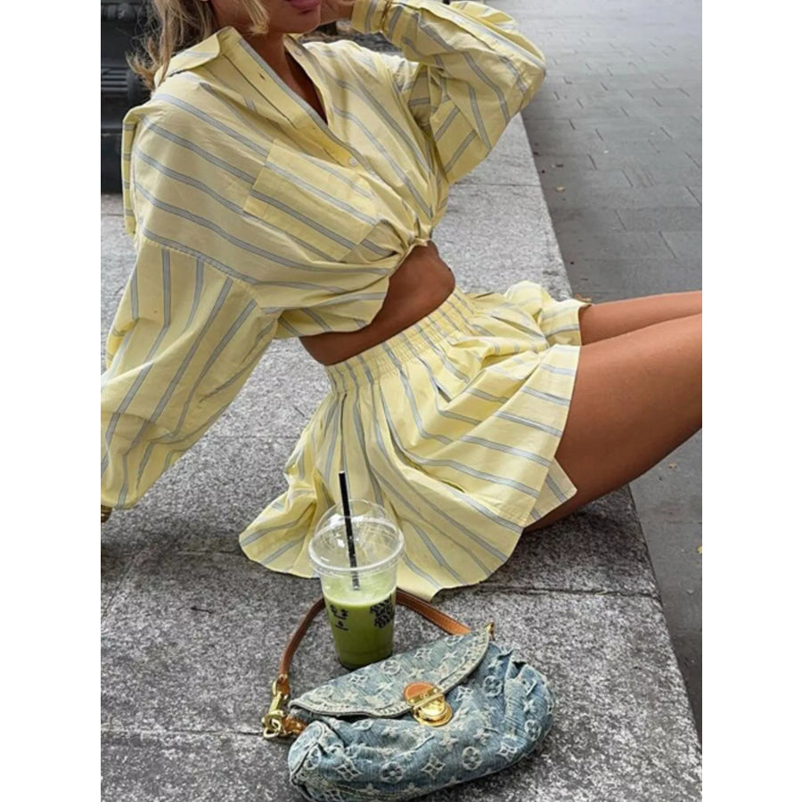 Striped Button Up Shirt and Shorts Set Apparel Accessories