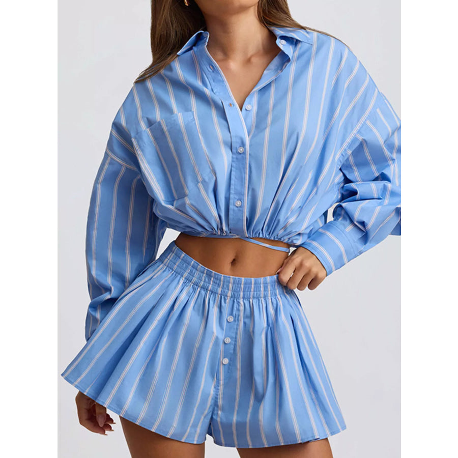 Striped Button Up Shirt and Shorts Set Apparel Accessories