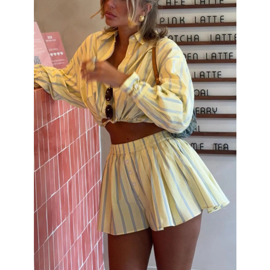 Striped Button Up Shirt and Shorts Set Apparel Accessories