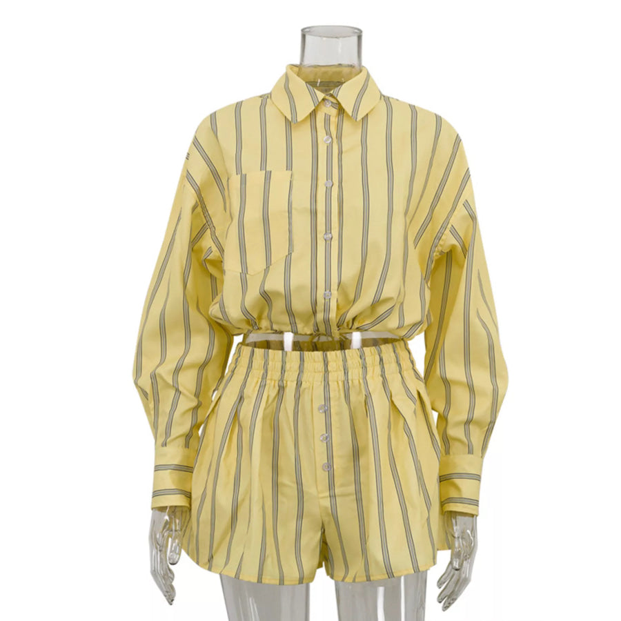 Striped Button Up Shirt and Shorts Set Apparel Accessories