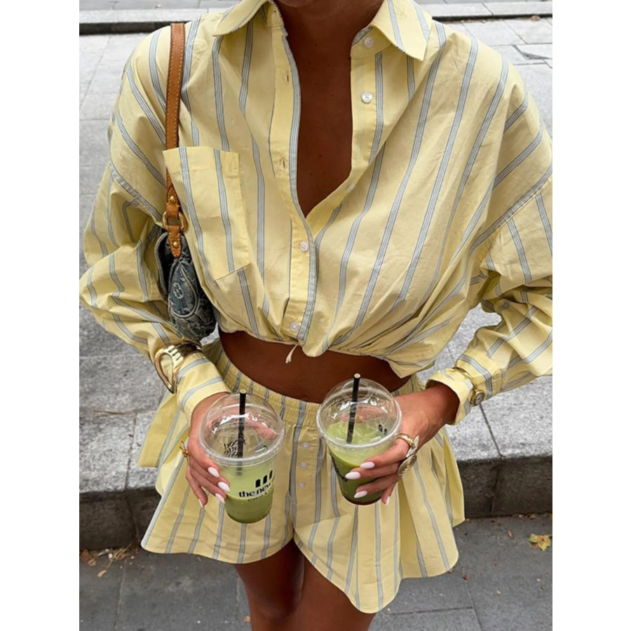 Striped Button Up Shirt and Shorts Set Apparel Accessories