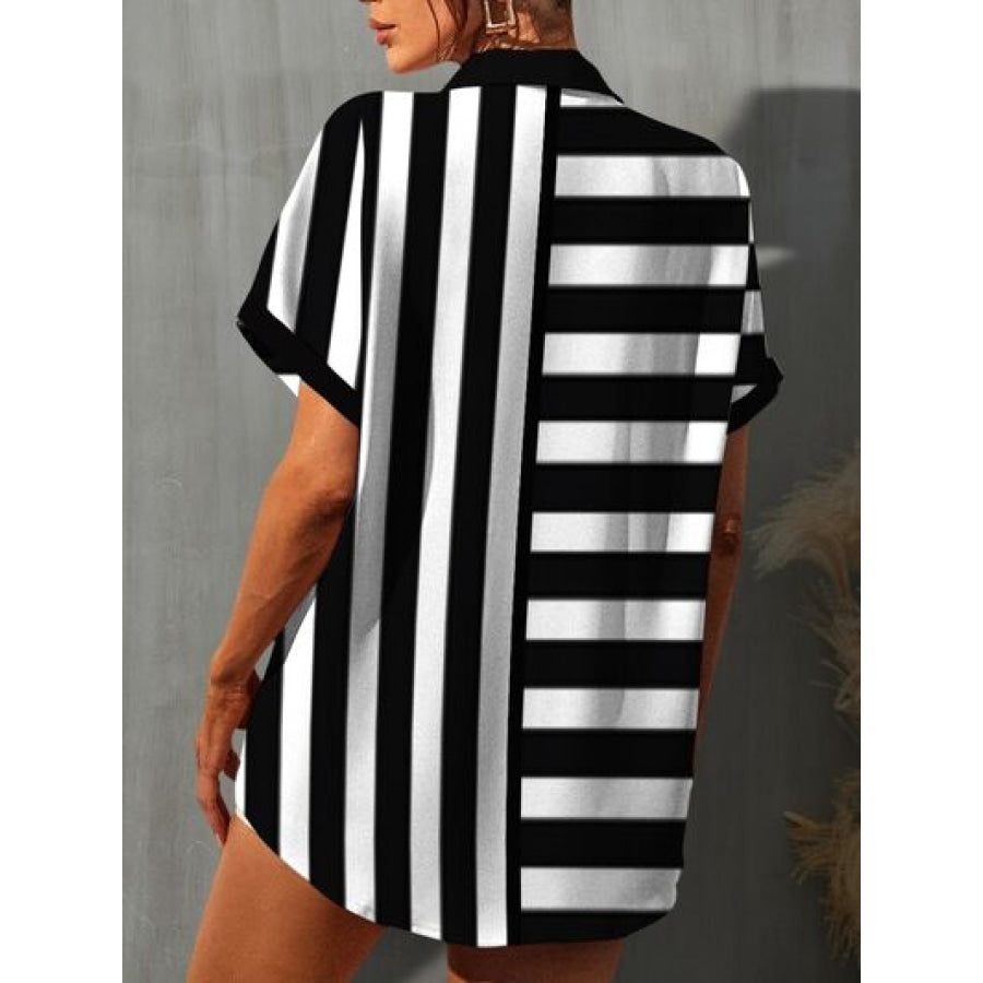 Striped Button Up Short Sleeve Shirt Black / S Apparel and Accessories