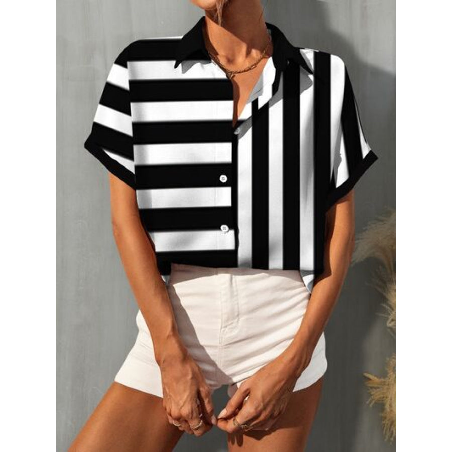 Striped Button Up Short Sleeve Shirt Black / S Apparel and Accessories