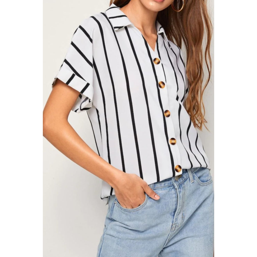 Striped Button Up Short Sleeve Shirt White / S Apparel and Accessories