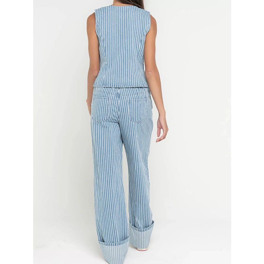 Striped Button Up Sleeveless Top and Jeans Denim Set Apparel and Accessories