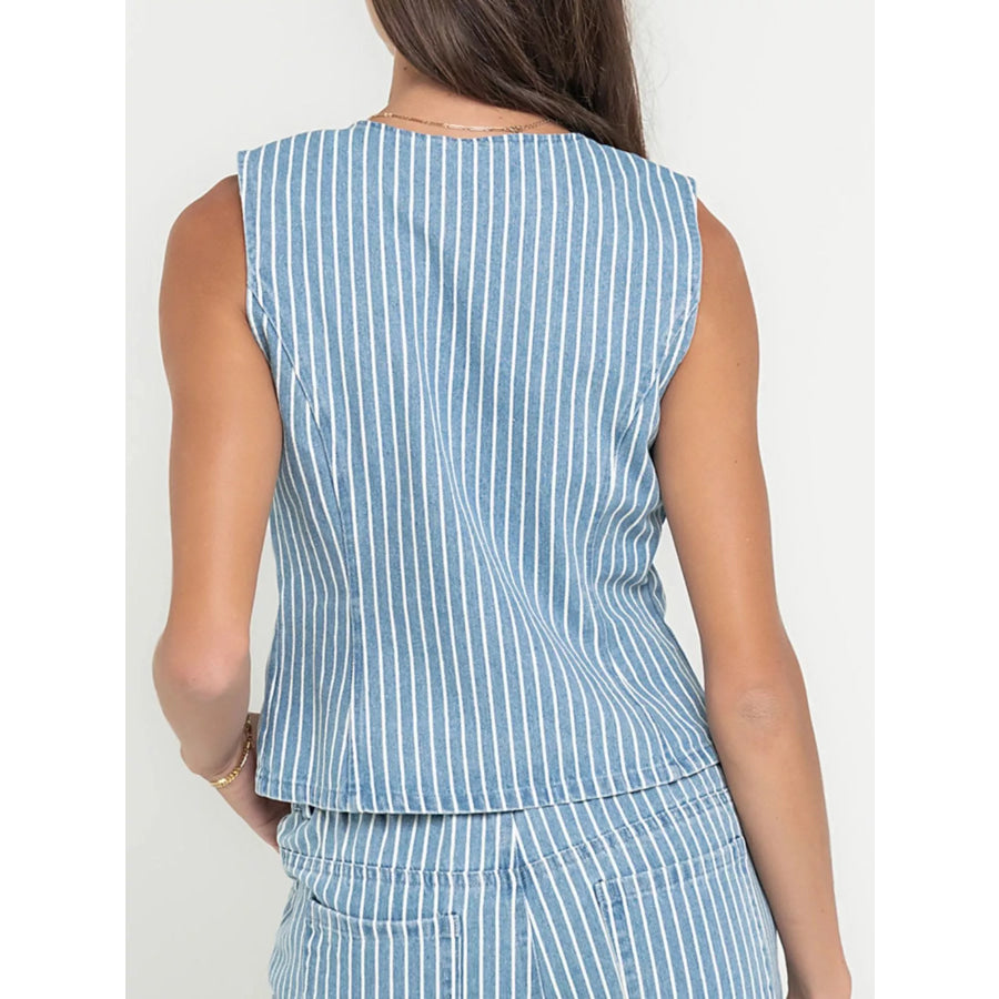 Striped Button Up Sleeveless Top and Jeans Denim Set Apparel and Accessories