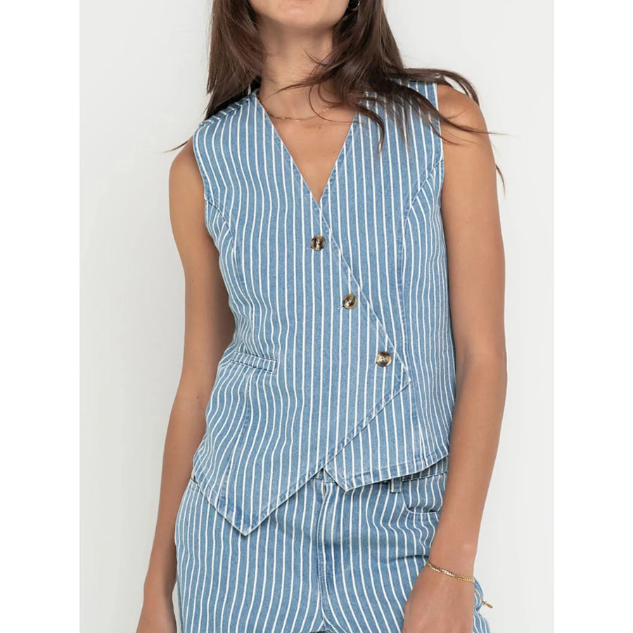 Striped Button Up Sleeveless Top and Jeans Denim Set Apparel and Accessories