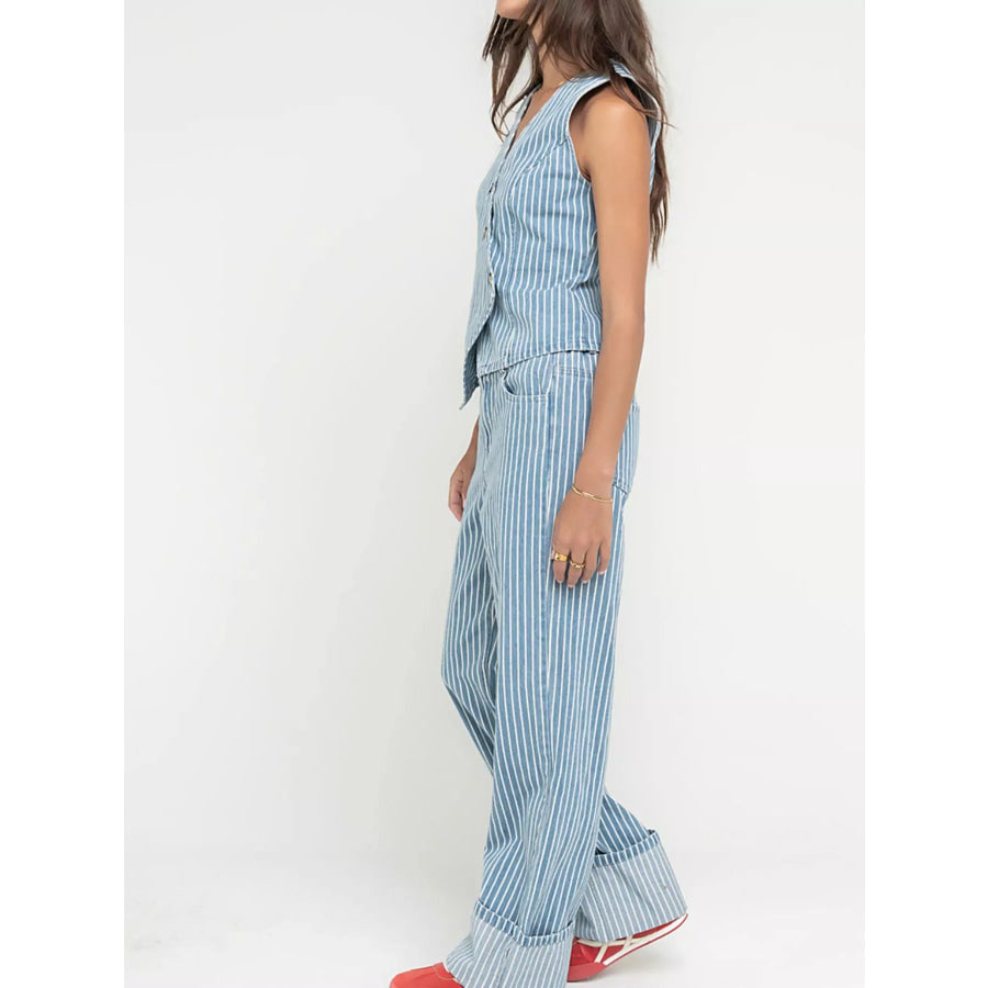Striped Button Up Sleeveless Top and Jeans Denim Set Apparel and Accessories